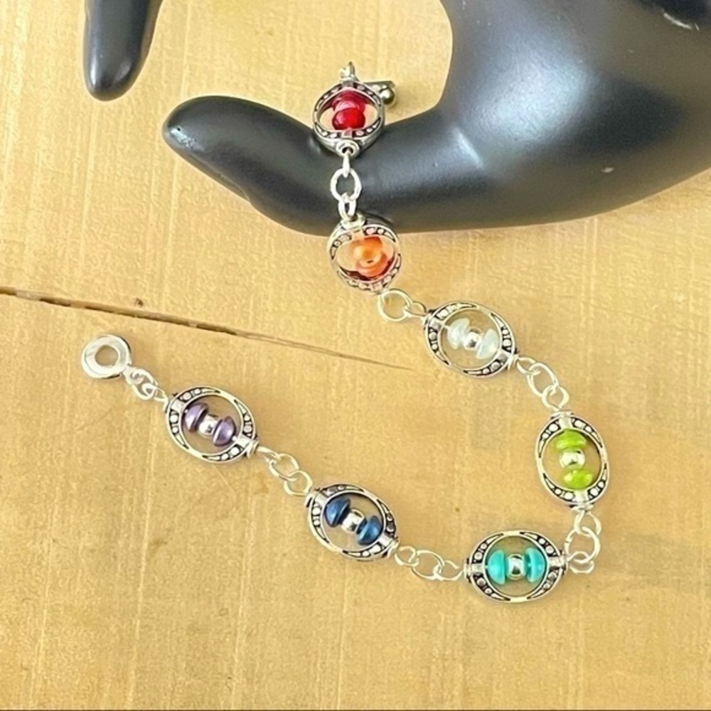 Chakra Bracelet Colorful Handmade Glass & Mixed Metal Boho Colorful Chunky - Picture 2 of 3